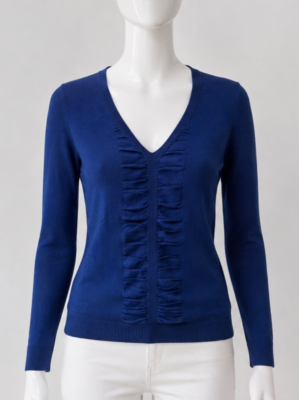 Express Navy Blue V-Neck Ruffle Front Sweater Size Small